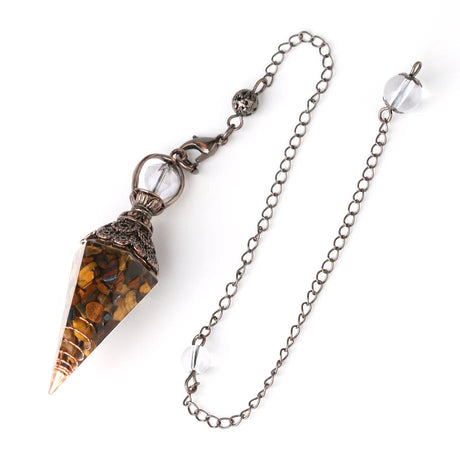 Crystal pendulum with chain on a white background
