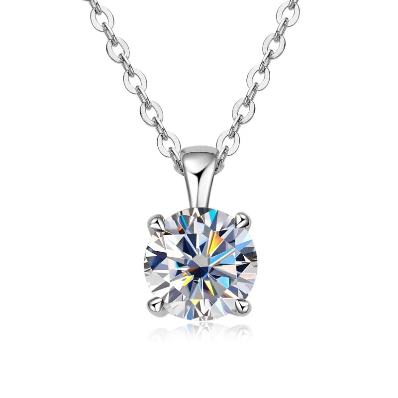Silver necklace with a round diamond pendant on a white background