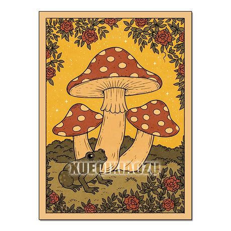 Illustration of mushrooms with polka dot caps on a yellow background with floral elements.