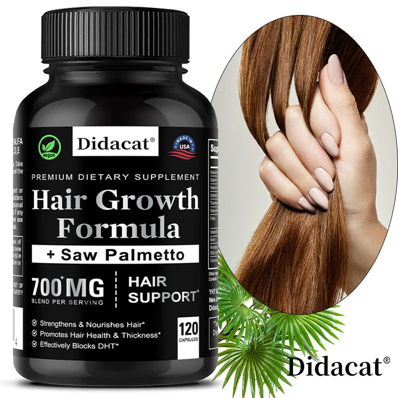 Didacat hair growth supplement bottle with a hand holding hair and palm tree leaves on a white background