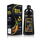 Black hair dye shampoo packaging and bottle on a white background