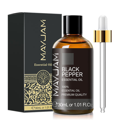 MayJam Black Pepper essential oil bottle with dropper and packaging on a white background