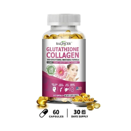 Bottle of Balincer Glutathione Collagen supplement with capsules on a white background