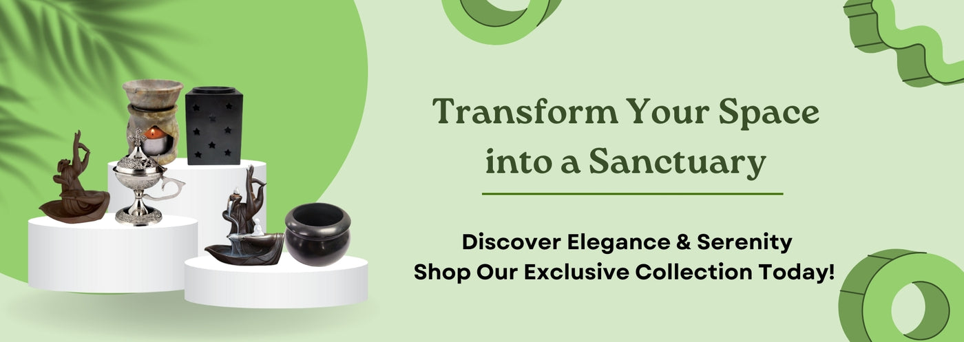 Decorative items on a stand with text promoting transforming a space into a sanctuary.