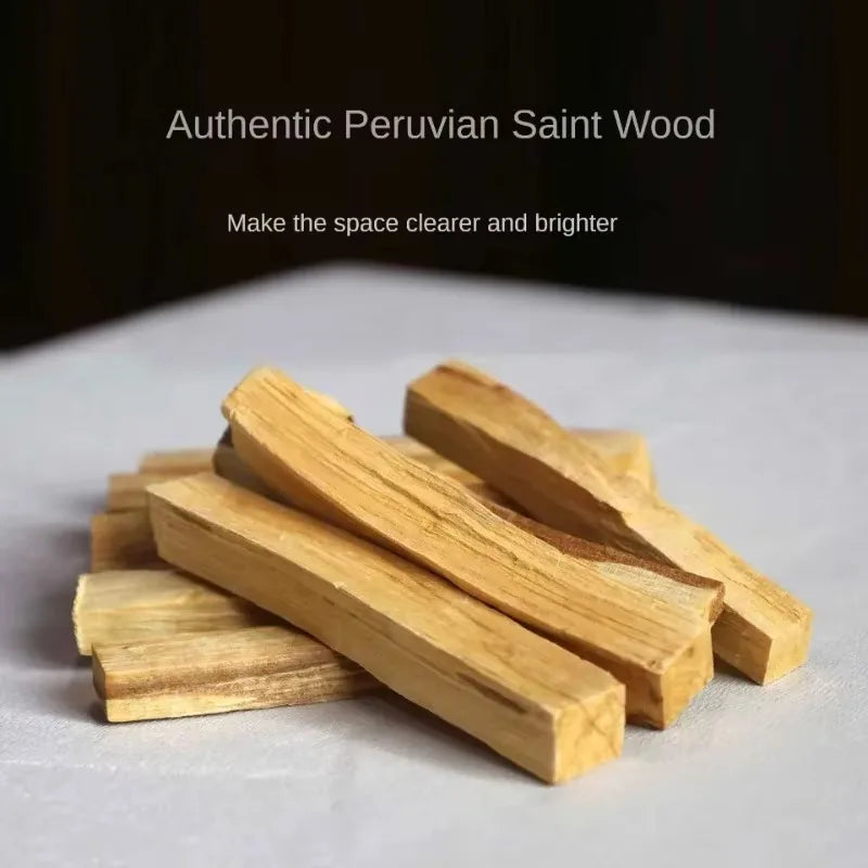 Stack of Authentic Peruvian Saint Wood sticks on a neutral background with text.