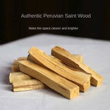 Stack of Authentic Peruvian Saint Wood sticks on a neutral background with text.