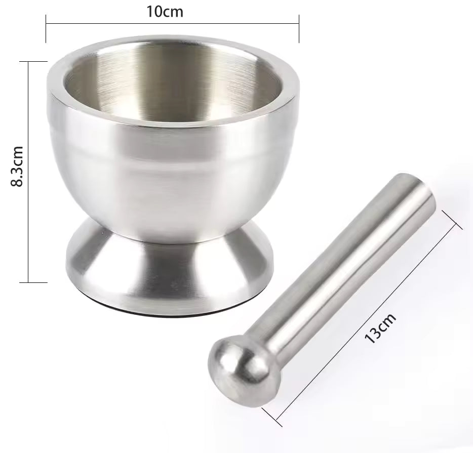 Stainless steel mortar and pestle with dimensions on a white background
