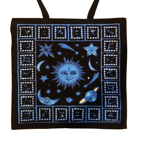 Zodiac Stars Tote Bag 18x18" Blue Tie Dye/black