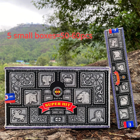Satya Super Hit incense packaging with scenic background