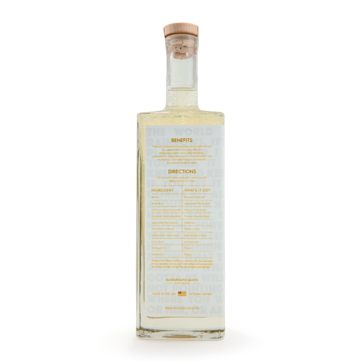 Clear bottle with a wooden cap on a white background