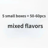 Text indicating the quantity and flavor variety of small boxes on a white background