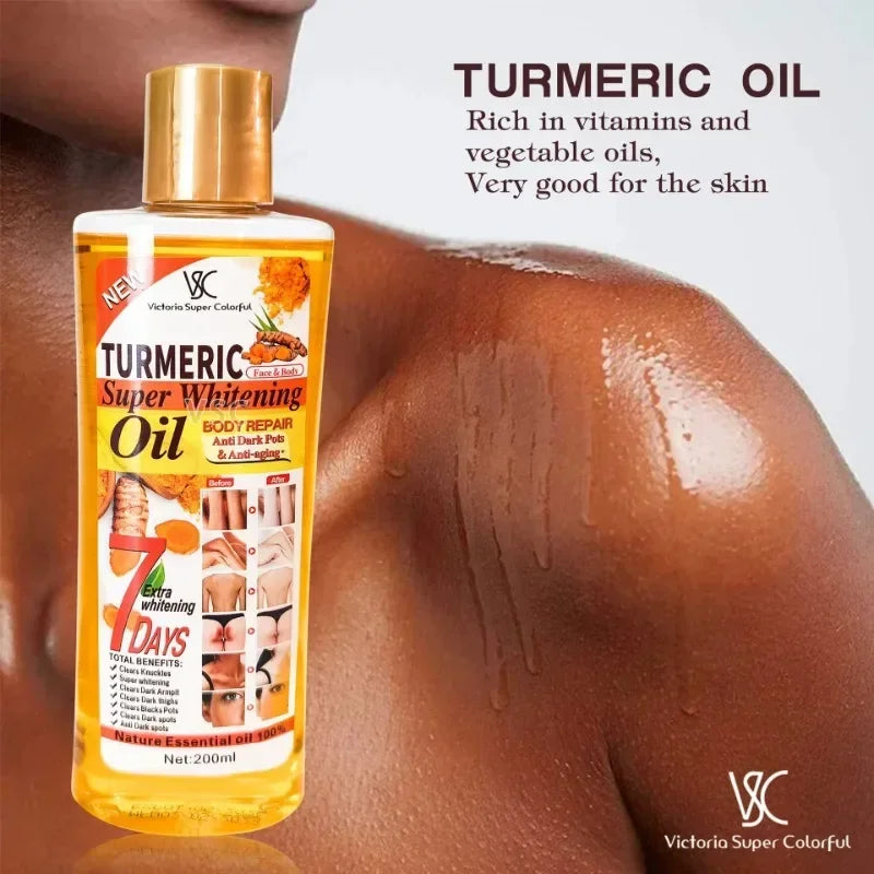 Turmeric oil bottle with a person's shoulder and arm in the background