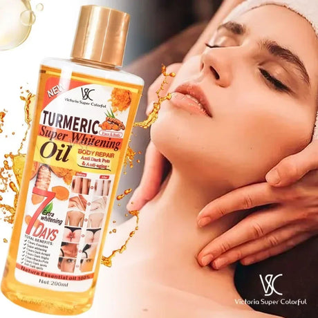 Turmeric super whitening oil bottle with a woman applying it to her neck