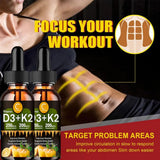 Two bottles of D3+K2 supplement with a muscular arm and text promoting workout focus and problem area targeting.