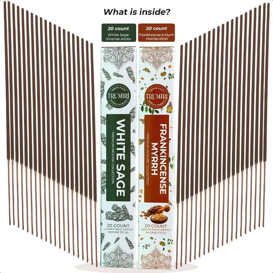 Two boxes of Trumiri incense sticks, one for White Sage and one for Frankincense Myrrh, with incense sticks displayed on either side.