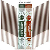 Two boxes of Trumiri incense sticks, one for White Sage and one for Frankincense Myrrh, with incense sticks displayed on either side.