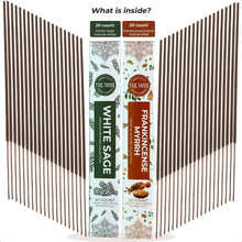 Two boxes of Trumiri incense sticks, one for White Sage and one for Frankincense Myrrh, with incense sticks displayed on either side.