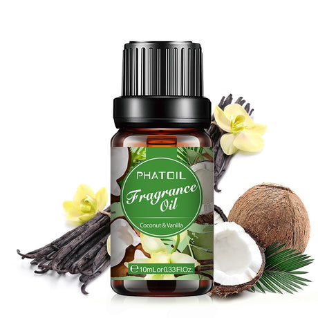 Bottle of Phatoil Fragrance Oil with coconut, vanilla, and flowers on a white background