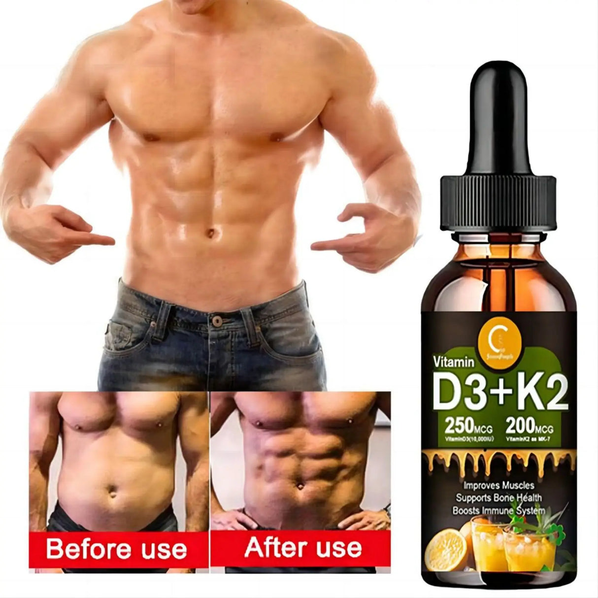 Bottle of Vitamin D3+K2 supplement with a before and after comparison of a muscular person.