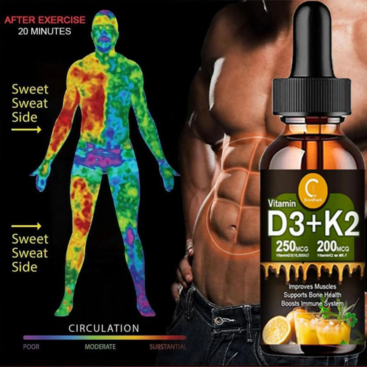 Vitamin D3+K2 supplement bottle with a body heat map and muscular man background
