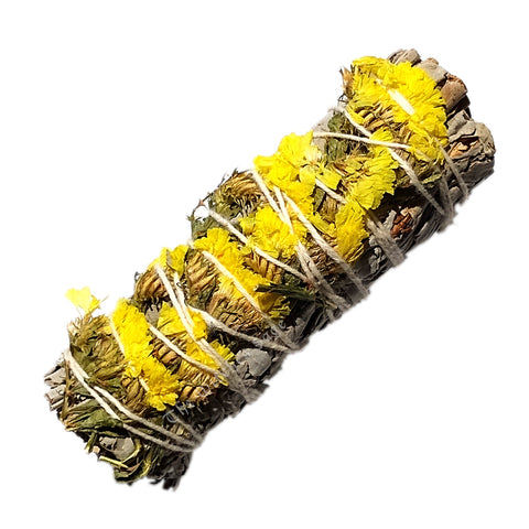 Yellow Sinuata Flowers with White Sage Smudge Stick 3-4"