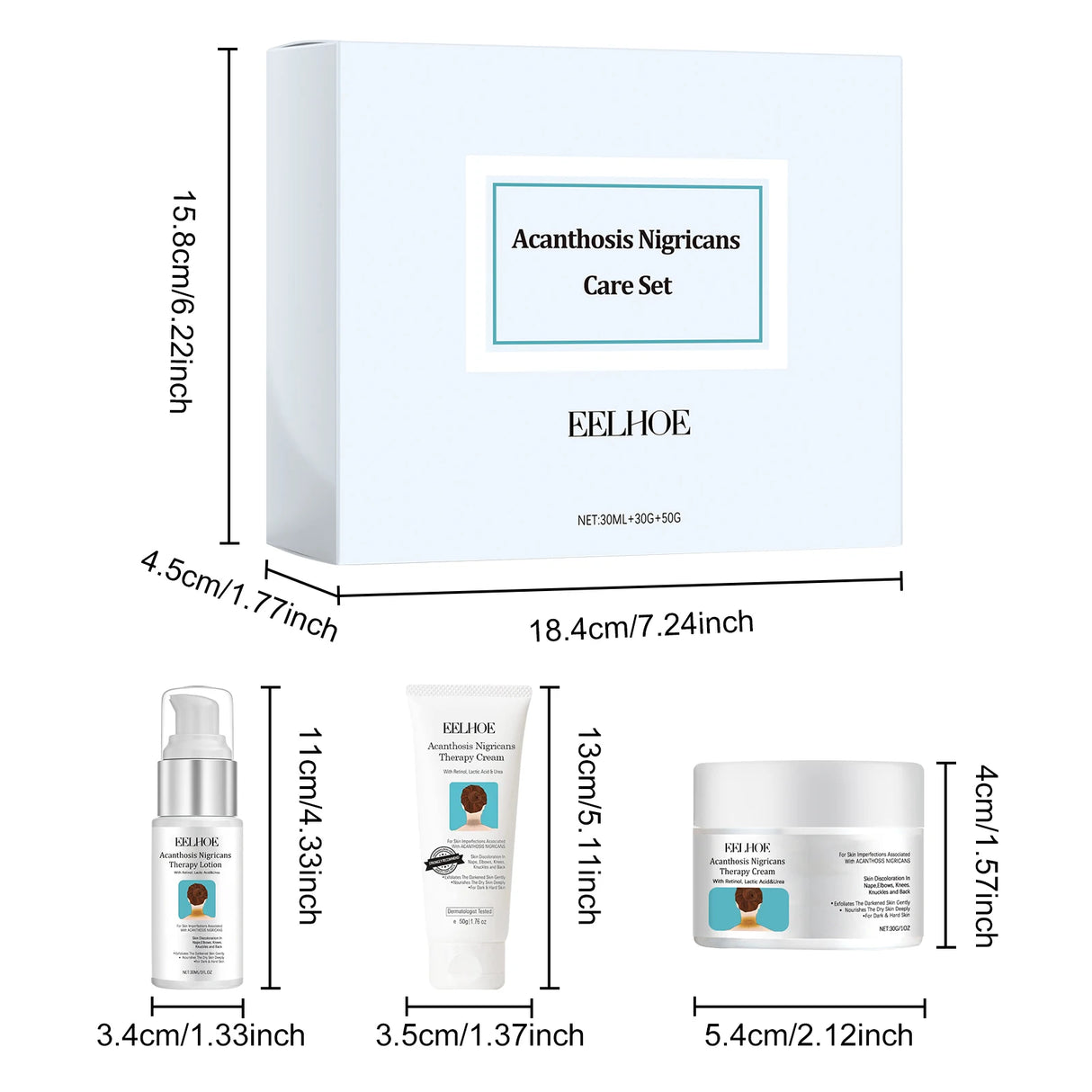 Acanthosis Nigricans Skin Repair and Whitening Set product dimensions on white background.