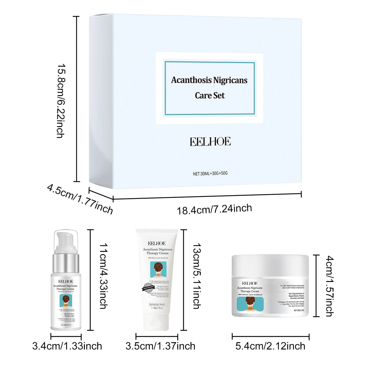 Acanthosis Nigricans Skin Repair and Whitening Set product dimensions on white background.
