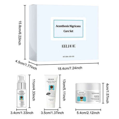 Acanthosis Nigricans Skin Repair and Whitening Set product dimensions on white background.