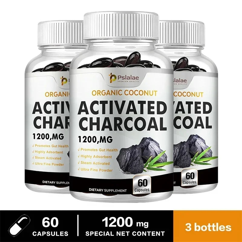 Activated Charcoal capsules bottle for stomach comfort, digestive support, and gut wellness.