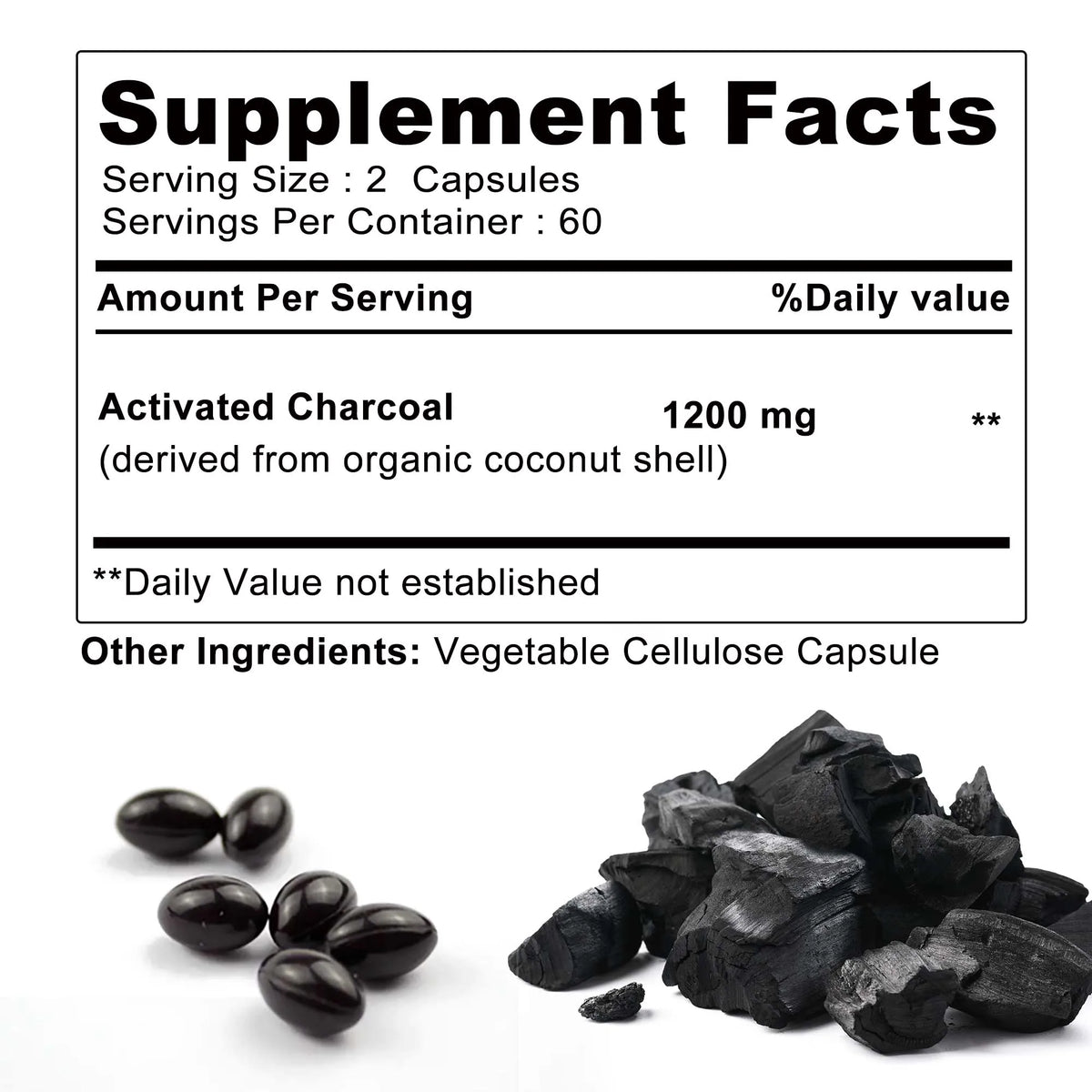 Activated Charcoal digestive support capsules bottle for bloating relief, gut balance, and digestive comfort.