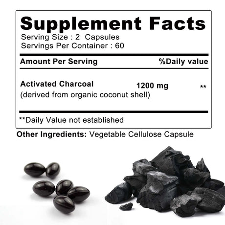 Activated Charcoal digestive support capsules bottle for bloating relief, gut balance, and digestive comfort.
