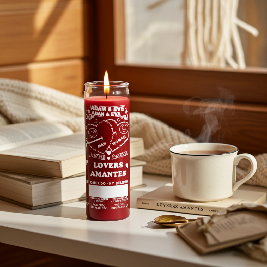 Adam & Eve red devotional 7 day candle in a glass jar for romance prayers, couple blessings, and altar use.