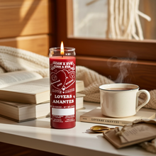 Adam & Eve red devotional 7 day candle in a glass jar for romance prayers, couple blessings, and altar use.