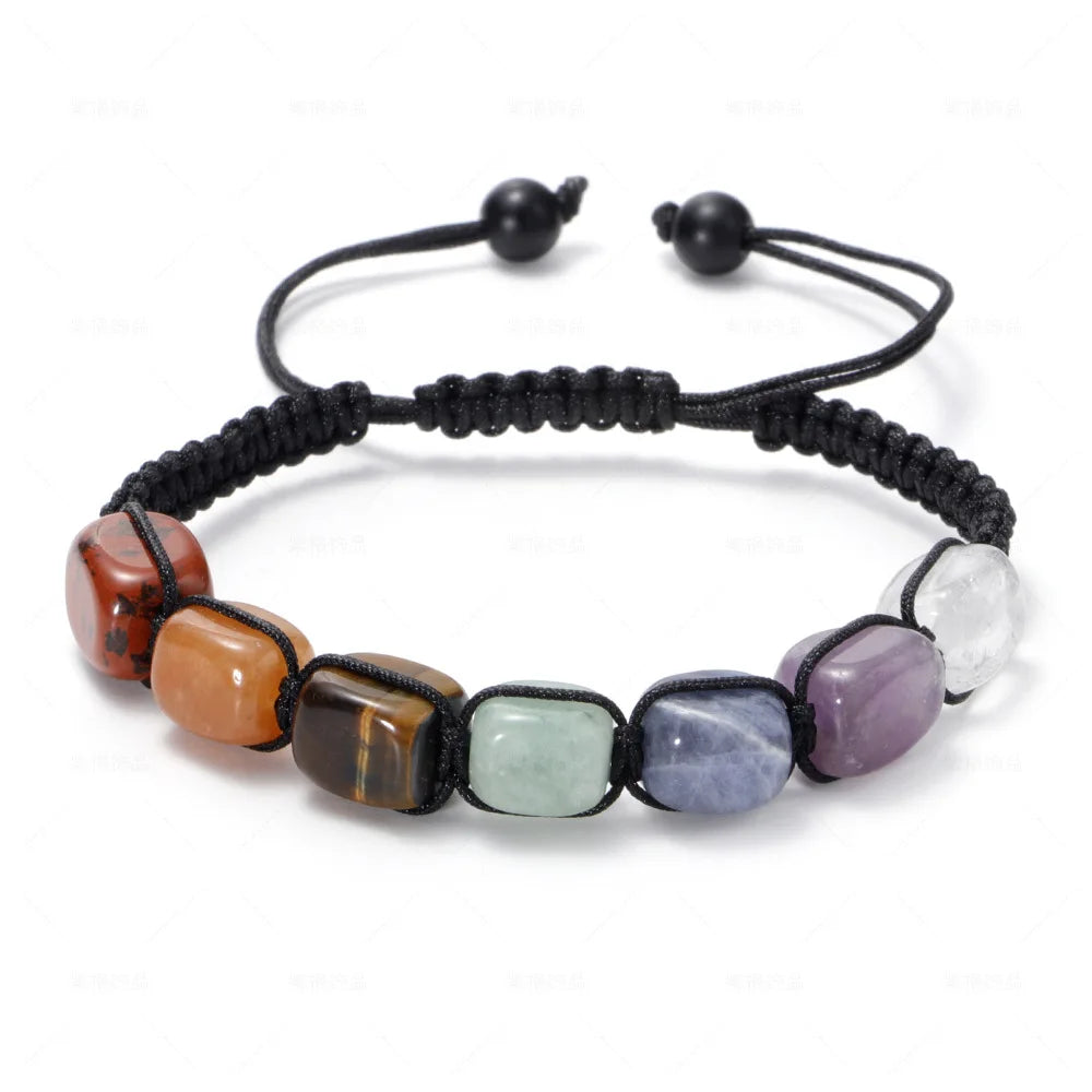 Adjustable 7 chakra natural stone bracelet for everyday wear, energy balance, and mindful spiritual practice.