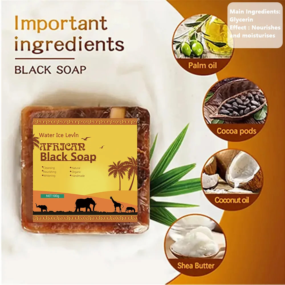 African Black Soap Acne Treatment bar with key ingredients listed on orange background.