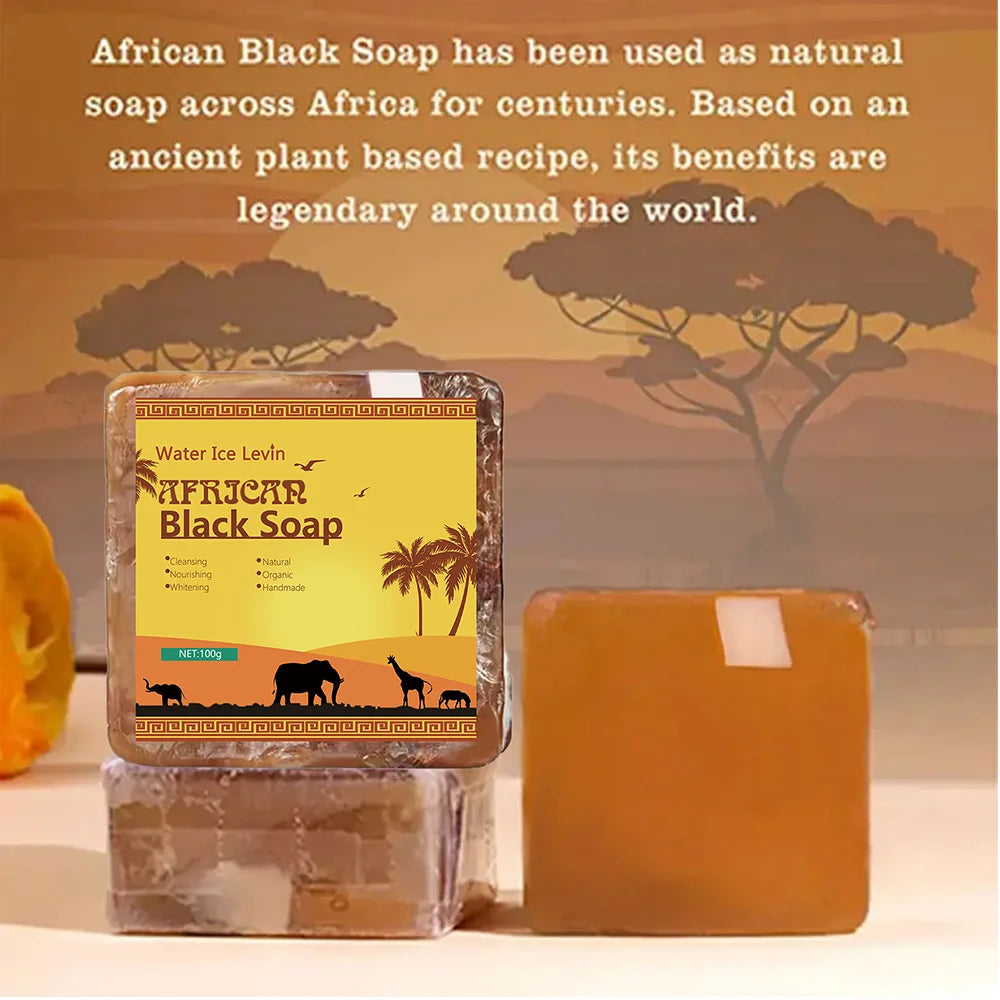 African Black Soap Acne Treatment with packaging against scenic outdoor background for acne and deep cleansing.