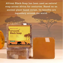 African Black Soap Acne Treatment with packaging against scenic outdoor background for acne and deep cleansing.