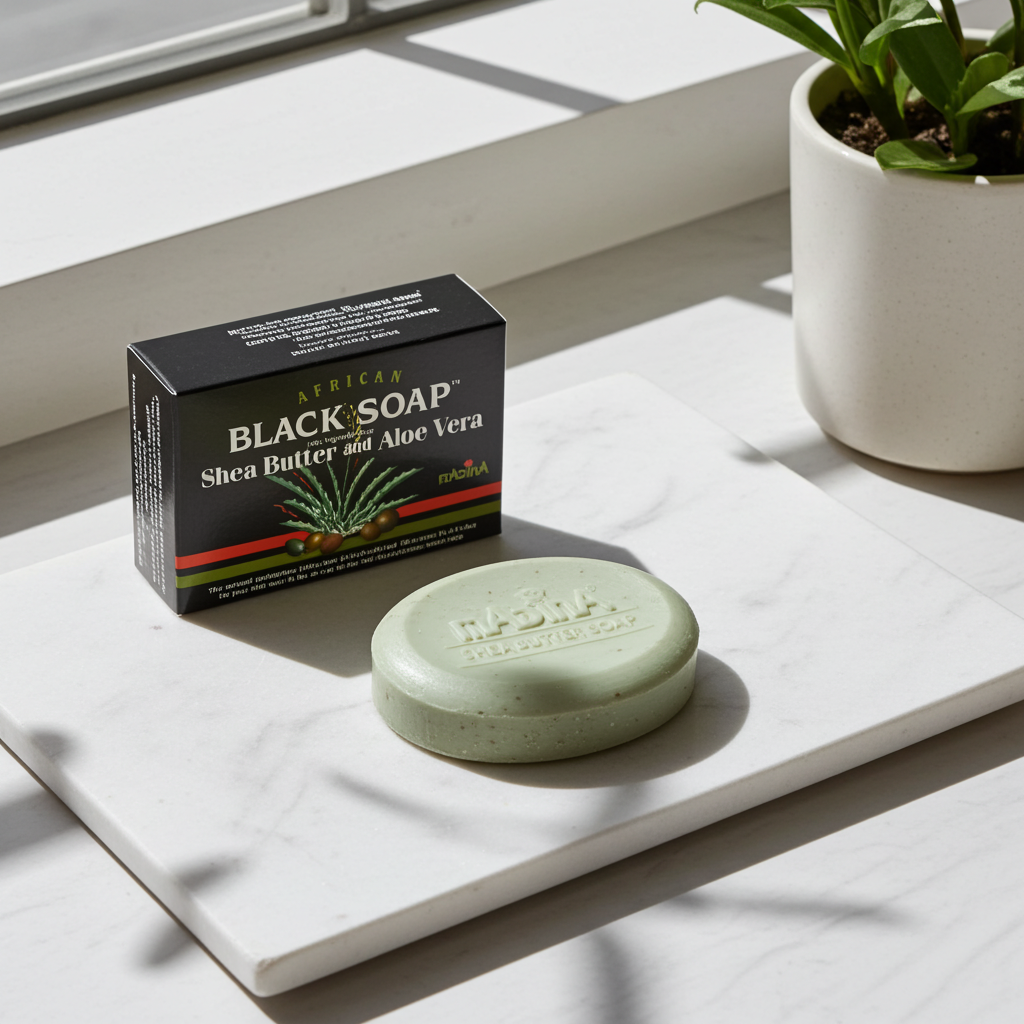 Madina African Black Soap bar with Shea Butter and Aloe Vera for body cleansing, skincare, and regular bathing.