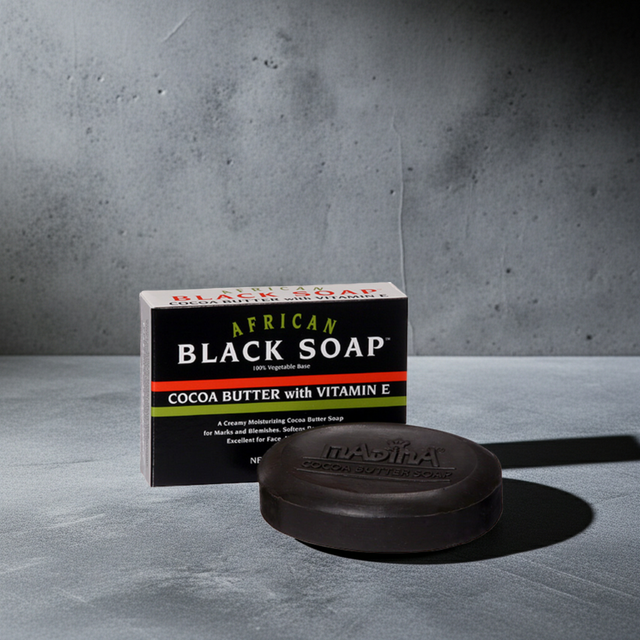 African Black Soap with Cocoa Butter and Vitamin E bar for bathing, skin cleansing, and daily skincare use.