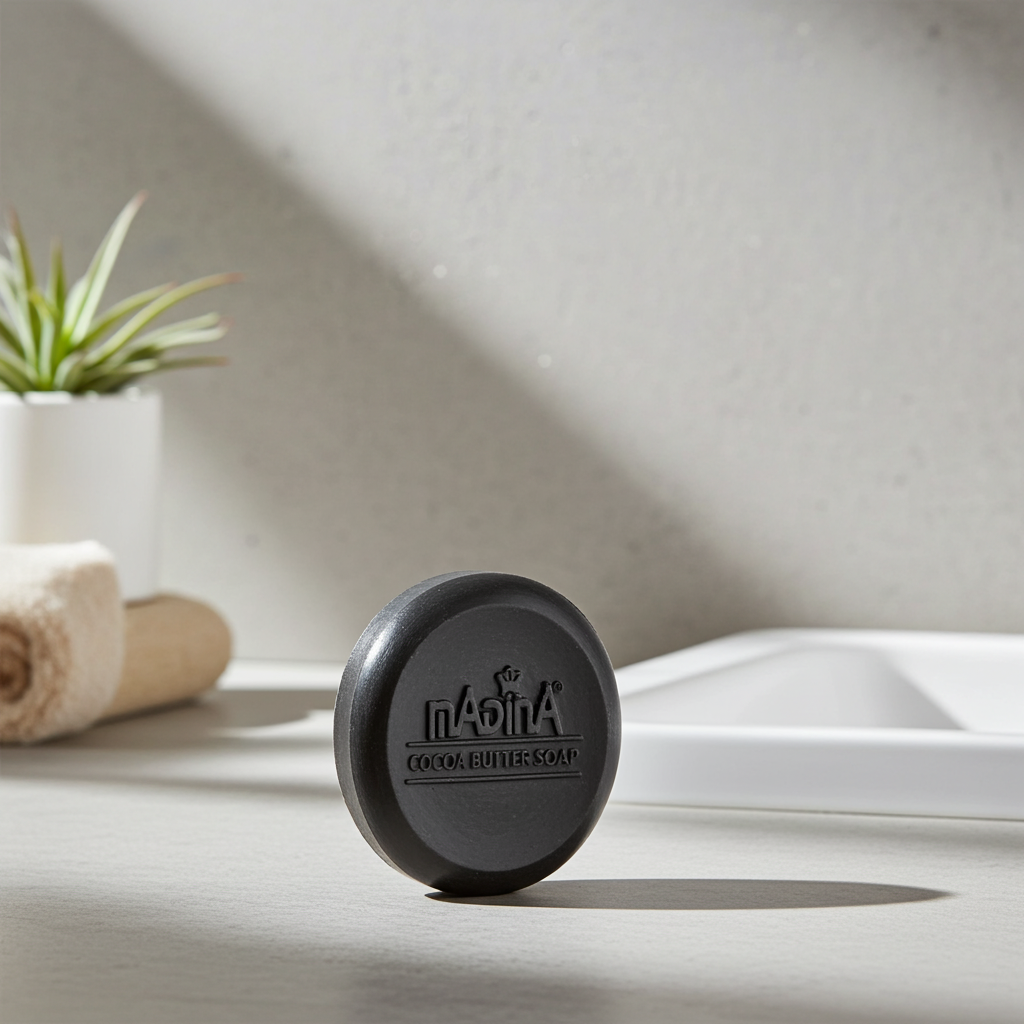 African Black Soap with Cocoa Butter and Vitamin E soap bar for daily cleansing, bathing, and skincare routines.