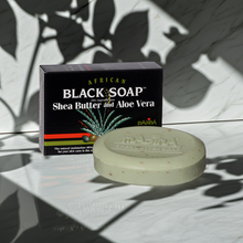 Madina African Black Soap with Shea Butter and Aloe Vera bar for daily cleansing, bathing, and skincare.