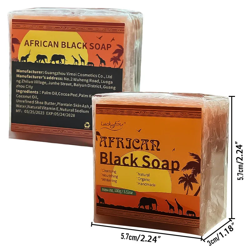 African Black Soap with Organic Shea Butter bars and packaging with product dimensions and label.