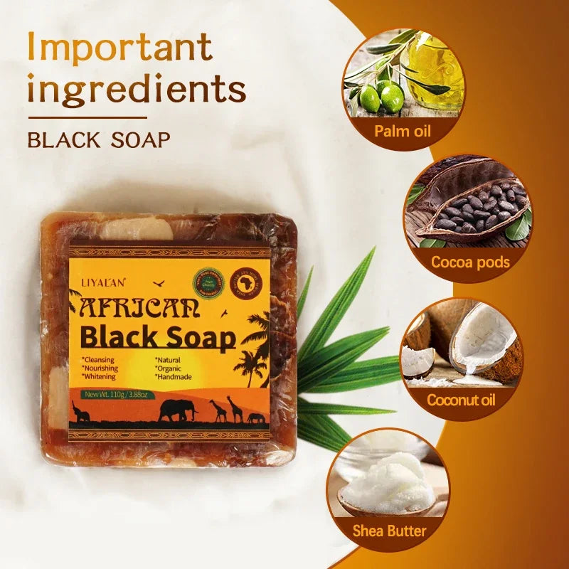 African Black Soap with Organic Shea Butter showing key natural ingredients on orange background.