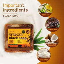 African Black Soap with Organic Shea Butter showing key natural ingredients on orange background.