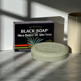 African Black Soap with shea butter and aloe vera cleansing bar for face and body washing, skincare, and bath use.