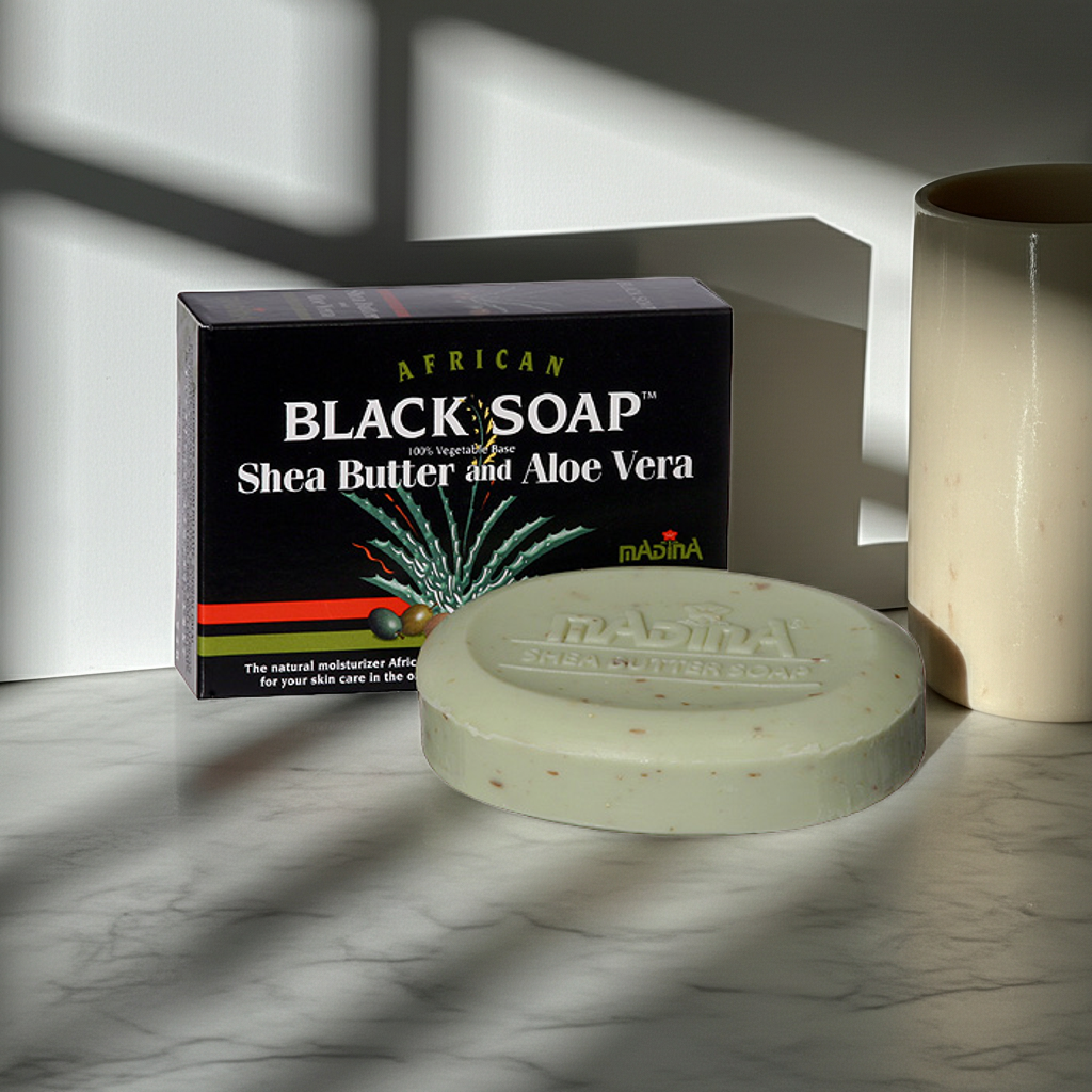 Madina African Black Soap with Shea Butter and Aloe Vera cleansing bar for face and body washing and skincare.