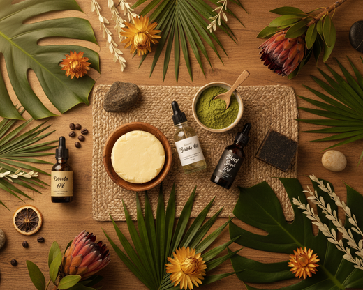 A styled flat-lay of natural skincare and bath products arranged on a wooden surface with tropical leaves, flowers, and stones. The set includes two small amber dropper bottles labeled body oil, a bowl of pale cream, a bowl of bright green powder with a wooden spoon, a dark bar of soap, and a woven tray.