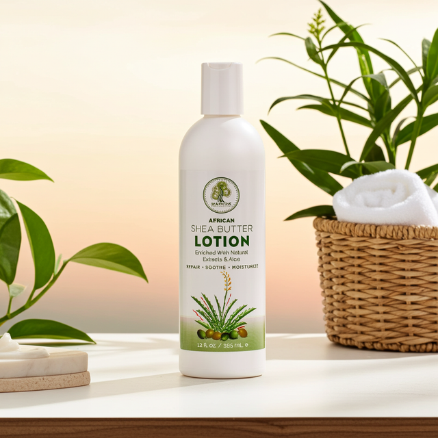 African Shea Butter Lotion by Madina in bottle form for hydrating the skin, smoothing dryness, and routine body moisturizing.