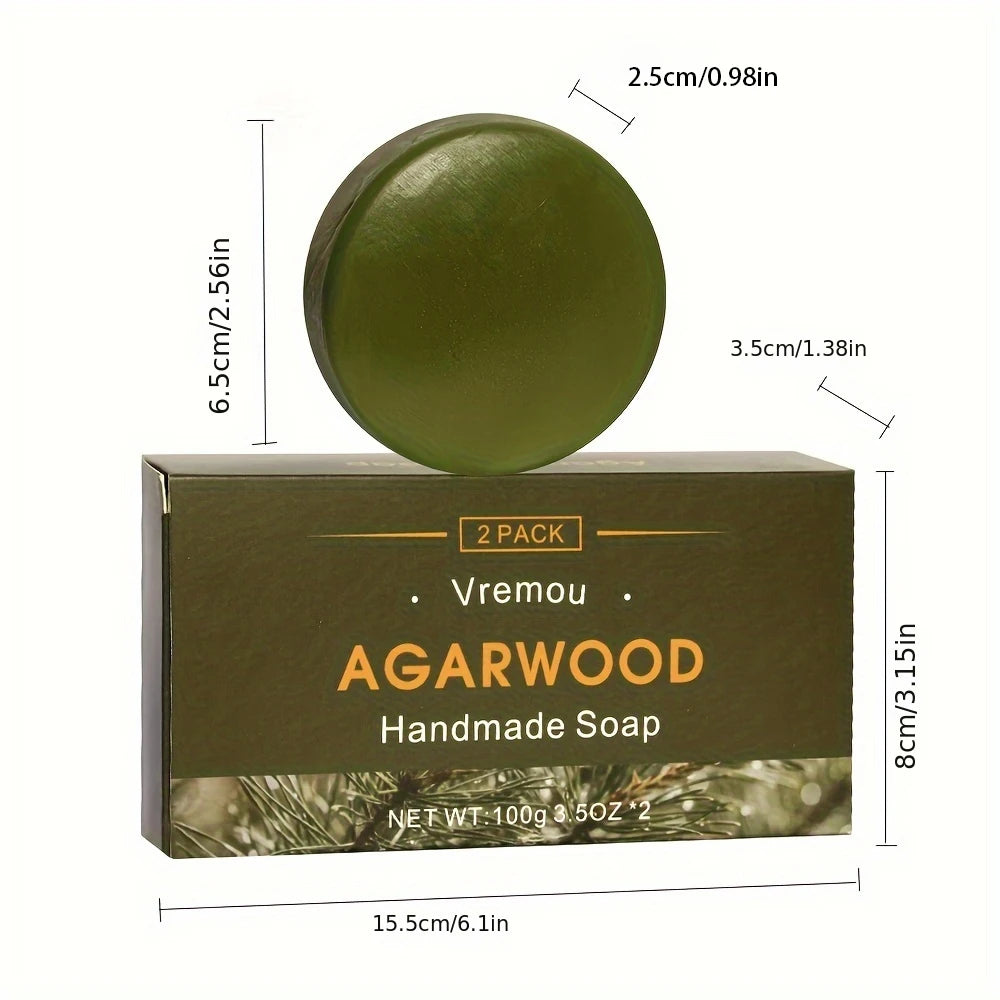 2-Pack Handmade Agarwood and Sandalwood Soap with dimensions and packaging details on white background.