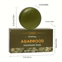 2-Pack Handmade Agarwood and Sandalwood Soap with dimensions and packaging details on white background.